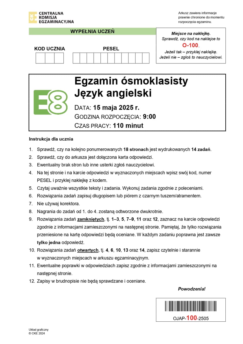 Egzamin ósmoklasisty 2025. Język angielski, arkusze CKE