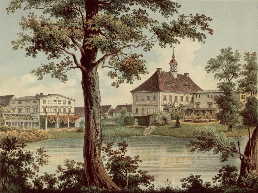 Pałac w Pasterzycach koło Wrocławia. Litografia powstała w latach 1863-1864.