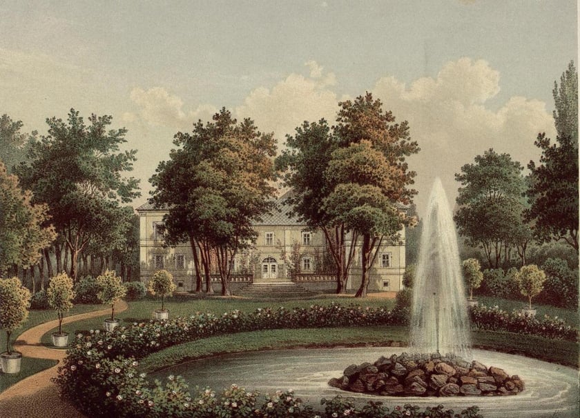 Pałac w Starej Rudnej koło Lubina. Litografia powstała w latach 1863-1864.