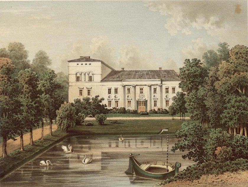 Pałac w Tyńcu nad Ślęzą. Litografia powstała w latach 1862-1863.