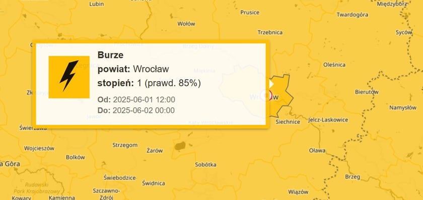 Powiększ obraz: Ostrzeżenie burzowe I stopnia dla Wrocławia