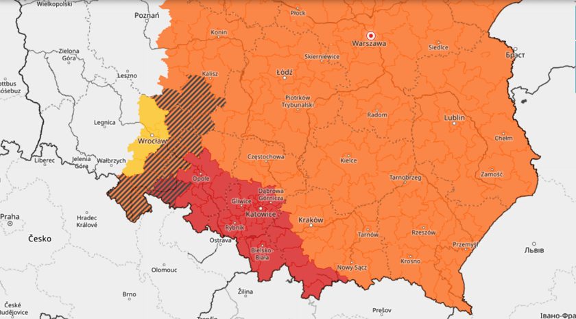 Powiększ obraz: Ostrzeżenie meteorologiczne przed burzami 27 lipca 2025 - mapa