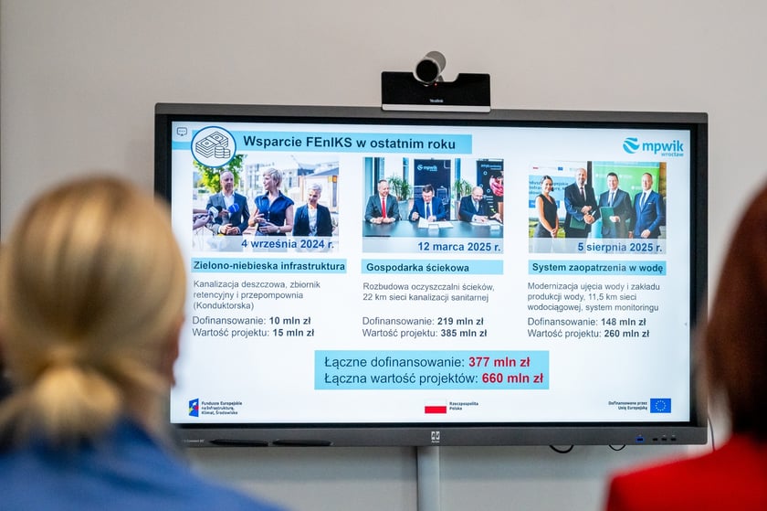 Konferencja prasowa wok&oacute;ł projektu &bdquo;Poprawa wrocławskiego systemu zaopatrzenia w wodę&rdquo;, kt&oacute;ry dofinansowano z unijnego programu FEniKS