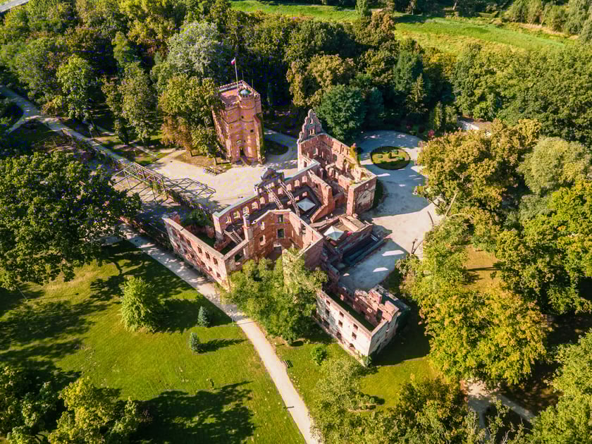 Widok na ruiny Zespołu Pałacowo-Parkowego w Żmigrodzie