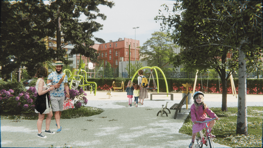 Wizualizacje zmian i nowego placu zabaw na podwórku w kwartale ulic Komuny Paryskiej, Krasińskiego, Worcella i Pułaskiego na Przedmieściu Oławskim