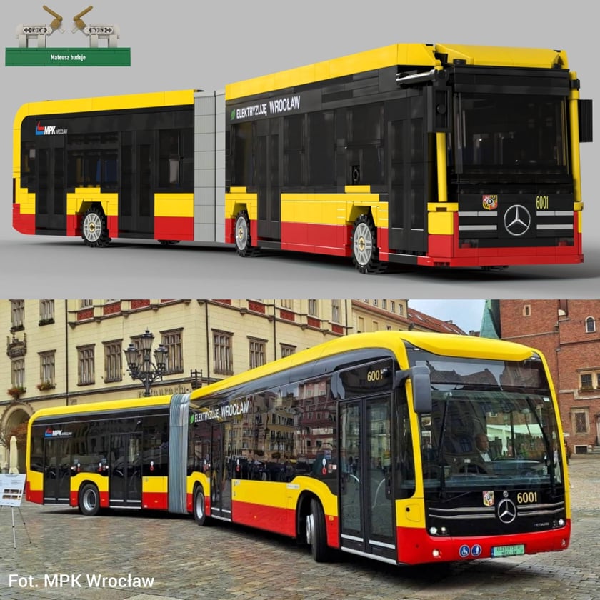 Ilustracja z facebookowego profilu Mateusz buduje - na górze zaprojektowany przez niego model z Lego, na dole prawdziwy eCitaro na wrocławskim Rynku