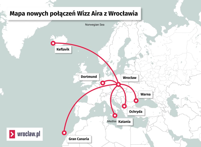 Powiększ obraz: Mapa nowych lotów Wizz Aira z Wrocławia