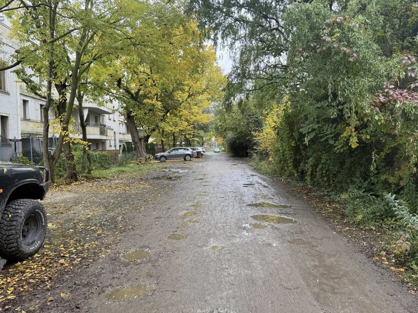 Powiększ obraz: Gruntowy fragment ul. Dzierżonia na Oporowie.