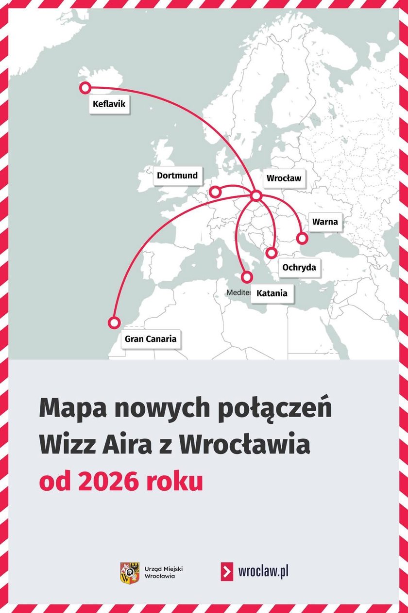 Powiększ obraz: Mapa pokazująca nowe połączenia linii lotniczej Wizz Air z Wrocławia.