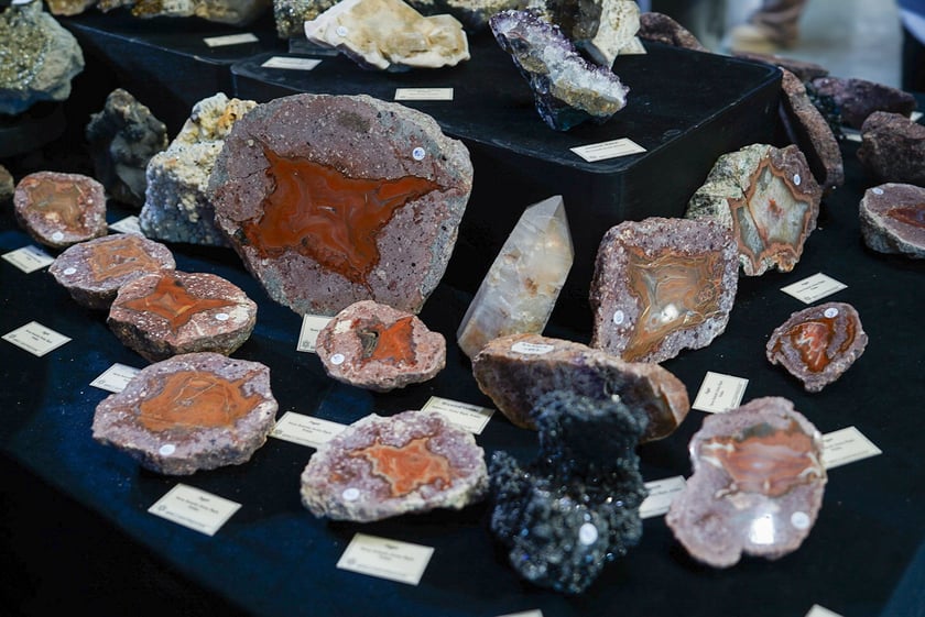 Powiększ obraz: Wystawa agatów na Jesiennych Targach Minerałów, Biżuterii i Wyrobów Jubilerskich w hali Orbita