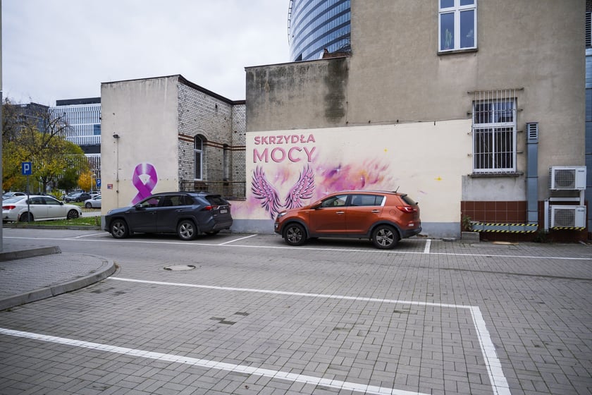 Różowe skrzydła z napisem SKRZYDŁA MOCY namalowane na ścianie szpitala na Hirszfelda
