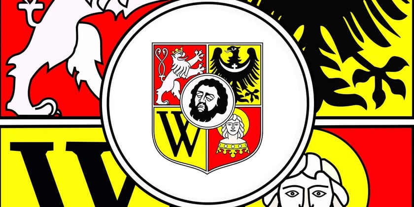 Herb Wrocławia, w centralnym miejscu tarczy znajduje się motyw ściętej głowy św. Jana Chrzciciela na tacy