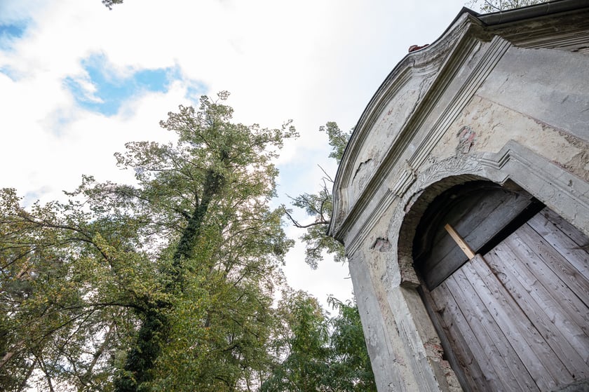 Mauzoleum Hochberg&oacute;w w Wąbnicach - budynek w środku lasu
