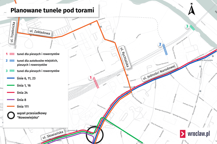 Powiększ obraz: Mapa przedstawia lokalizację tuneli pod torami dzielącymi Kleczków i Ołbin