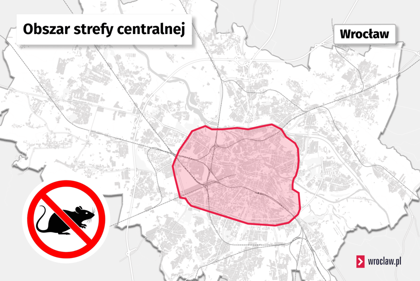 Powiększ obraz: Mapa przedstawiająca strefę centralną objętą 10-miesięczną, obowiązkową deratyzacją w ciągu roku we Wrocławiu.