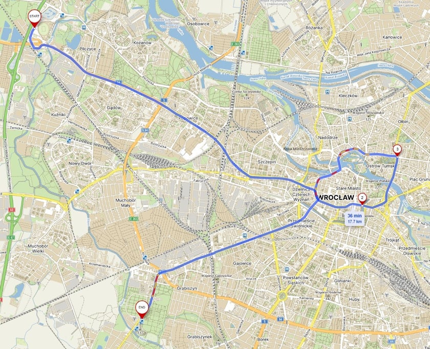 Powiększ obraz: Mapa pokazująca trasę przejazdu parady motocyklistów 11 listopada 2025 r.