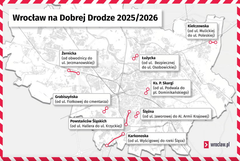 Powiększ obraz: <p>Remonty dr&oacute;g w ramach programu Wrocław na Dobrej Drodze, mapa inwestycji na przełomie 2025 i 2026 roku</p>