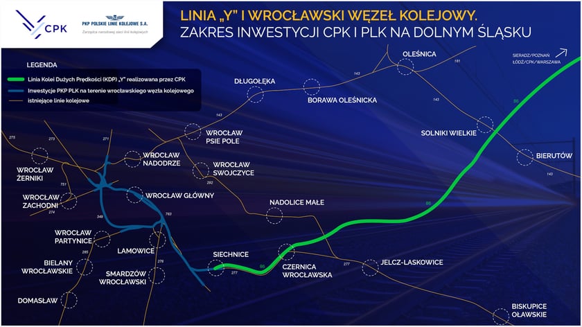 Powiększ obraz: Infografika przedstawiająca przebieg linii Kolei Dużych Prędkości na Dolnym  Śląsku.