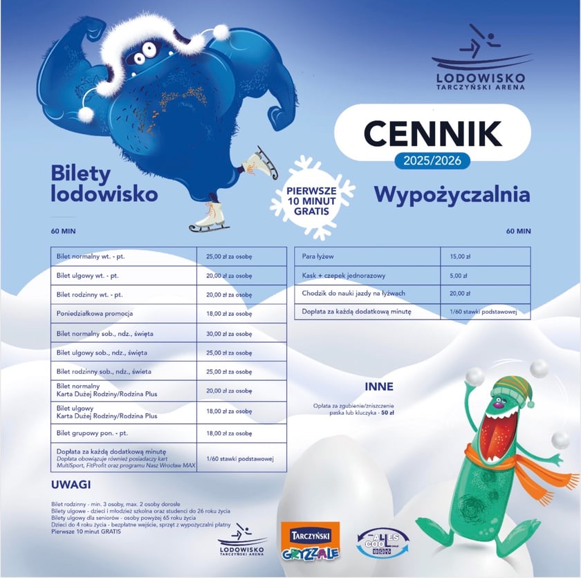 Powiększ obraz: Infografika z tabelą przedstawiającą cenny biletów na lodowisko przy Tarczyński Arena