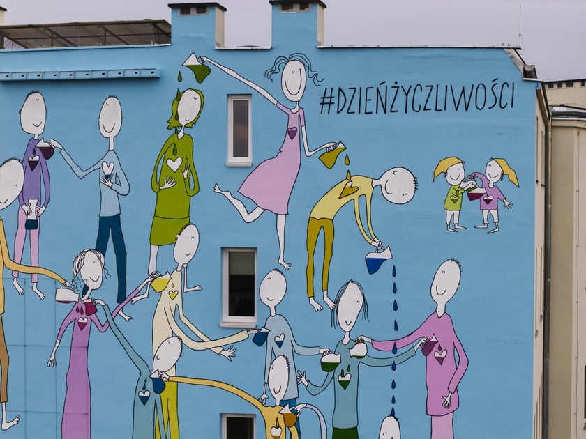Mural przy ul. Krakowskiej 25/27 projektu Andrzeja Tylkowskiego z okazji 20-lecia Dnia Życzliwości