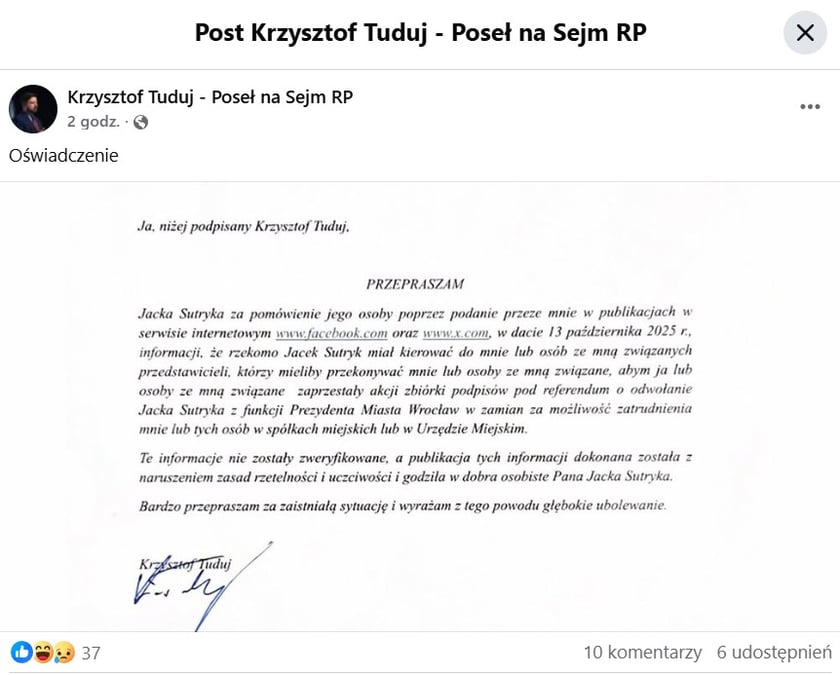 Powiększ obraz: Zrzut ekranu pokazujący post z profilu Krzysztofa Tuduja w portalu Facebook, który zawiera treść przeprosin wobec Jacka Sutryka