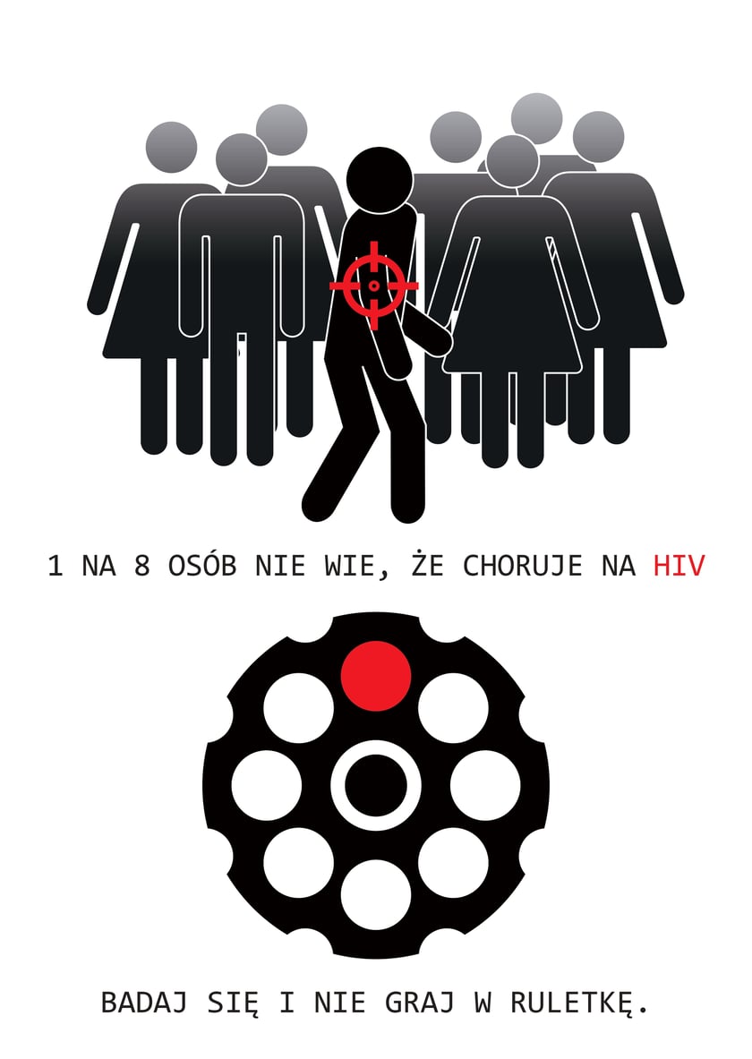 Powiększ obraz: Ilustracja pokazująca grupę ośmiu postaci, z jedną wyróżnioną na czarno z czerwonym symbolem celu HIV na piersi. Poniżej tekst "1 NA 8 OSÓB NIE WIE, ŻE CHORUJE NA HIV" oraz grafika wirusa HIV z tekstem "BADAJ SIĘ I NIE GRAJ W RULETKĘ" – infografika edukacyjna o rozpowszechnieniu HIV.