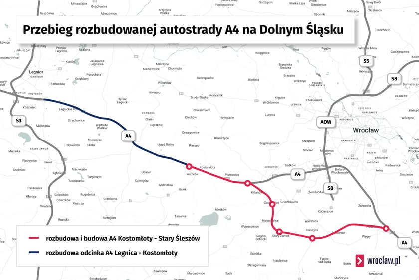Powiększ obraz: Mapa przedstawiająca przebieg  autostrady A4 na Dolnym Śląsku między Legnicą a rejonem Wrocławia. Zaznaczone fragmenty A4, które zostaną rozbudowane oraz nowy odcinek, który zastąpi fragment w pobliżu Wrocławia.