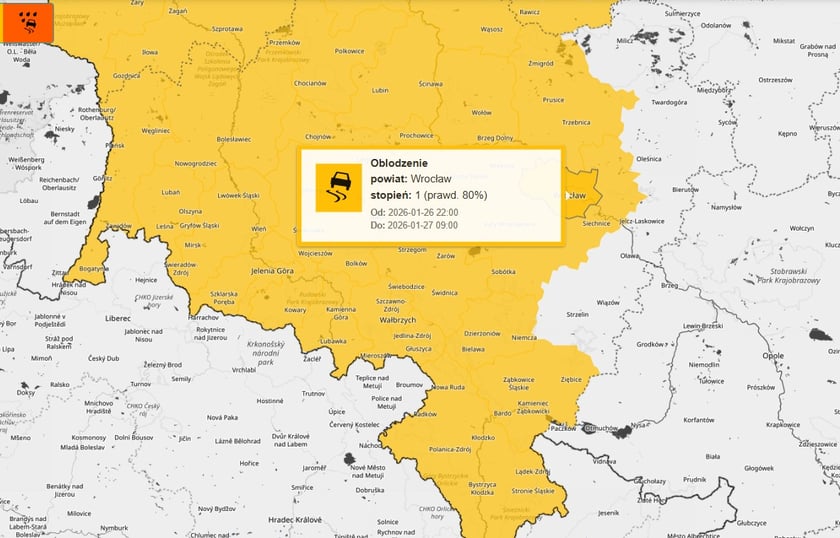 Powiększ obraz: Mapa przedstawiająca region Dolnego Śląska i powiat wrocławski z ostrzeżeniem o możliwym oblodzeniu od godz. 22 w poniedziałek 26 stycznia do godz. 9 we wtorek  27 stycznia.