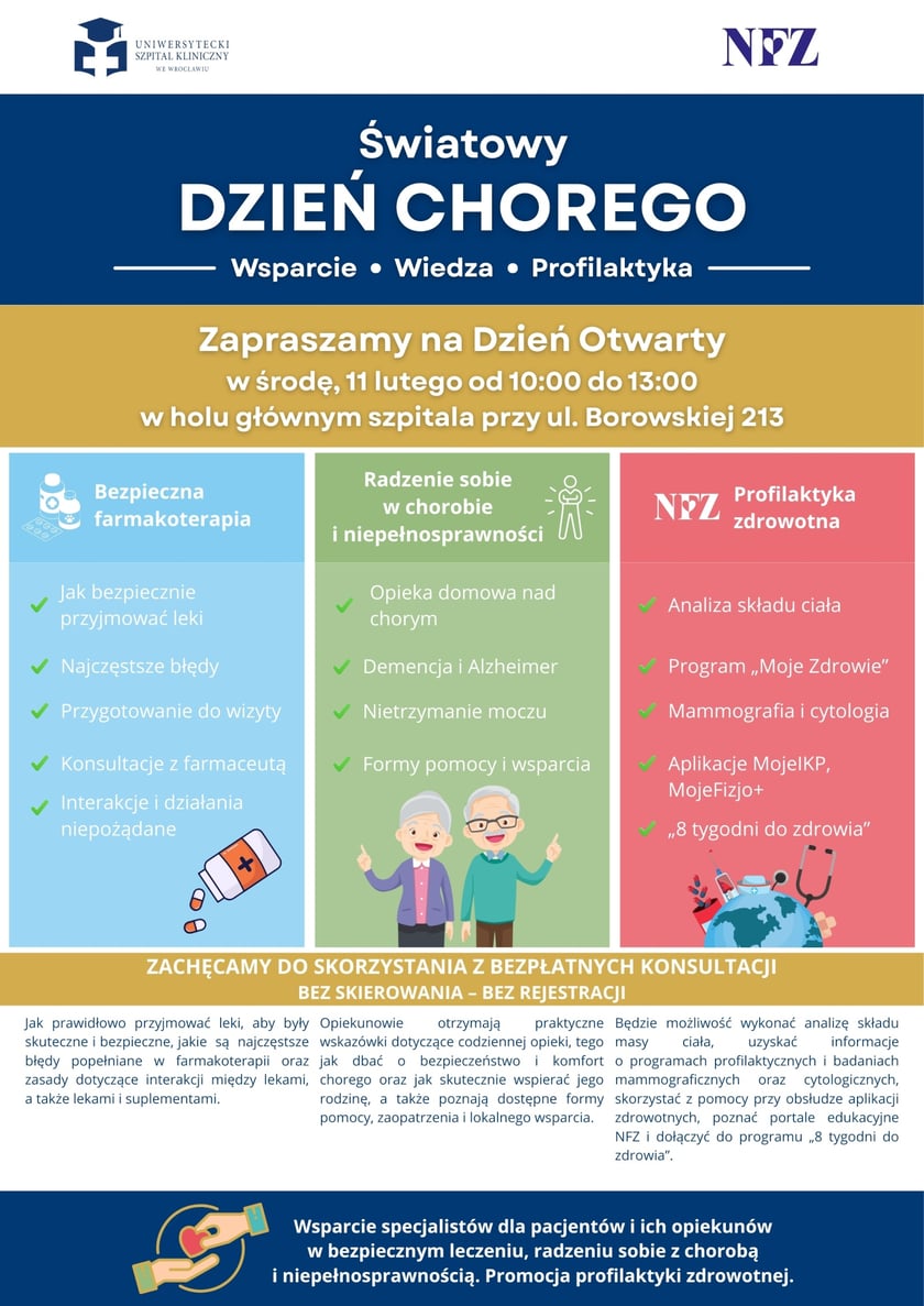 Powiększ obraz: Plakat przedstawiający informacje o konsultacjach dla pacjentów z okazji Światowego Dnia Chorego  w USK na ul. Borowskiej 11 lutego 2026 r.