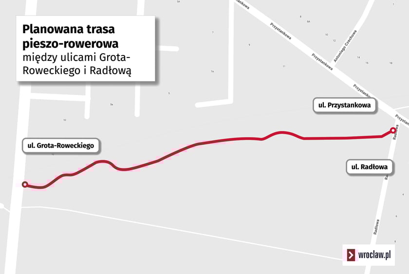 Powiększ obraz: Mapa przedstawiająca przebieg planowanej trasy pieszo-rowerowej między ulicami Grota-Roweckiego i Radłowa na Wojszycach.