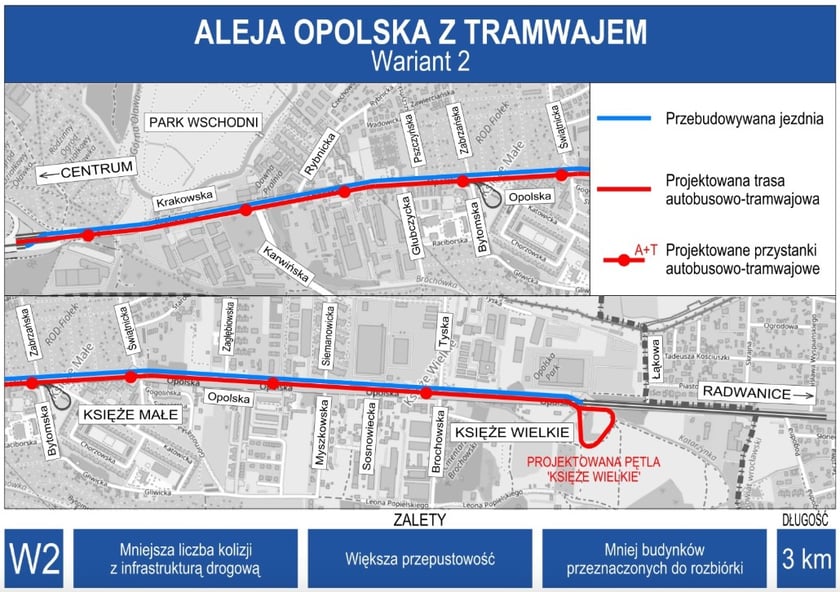 Powiększ obraz: Mapa z wariantem drugim przebiegu przyszłej trasy tramwajowej na Księże Wielkie.