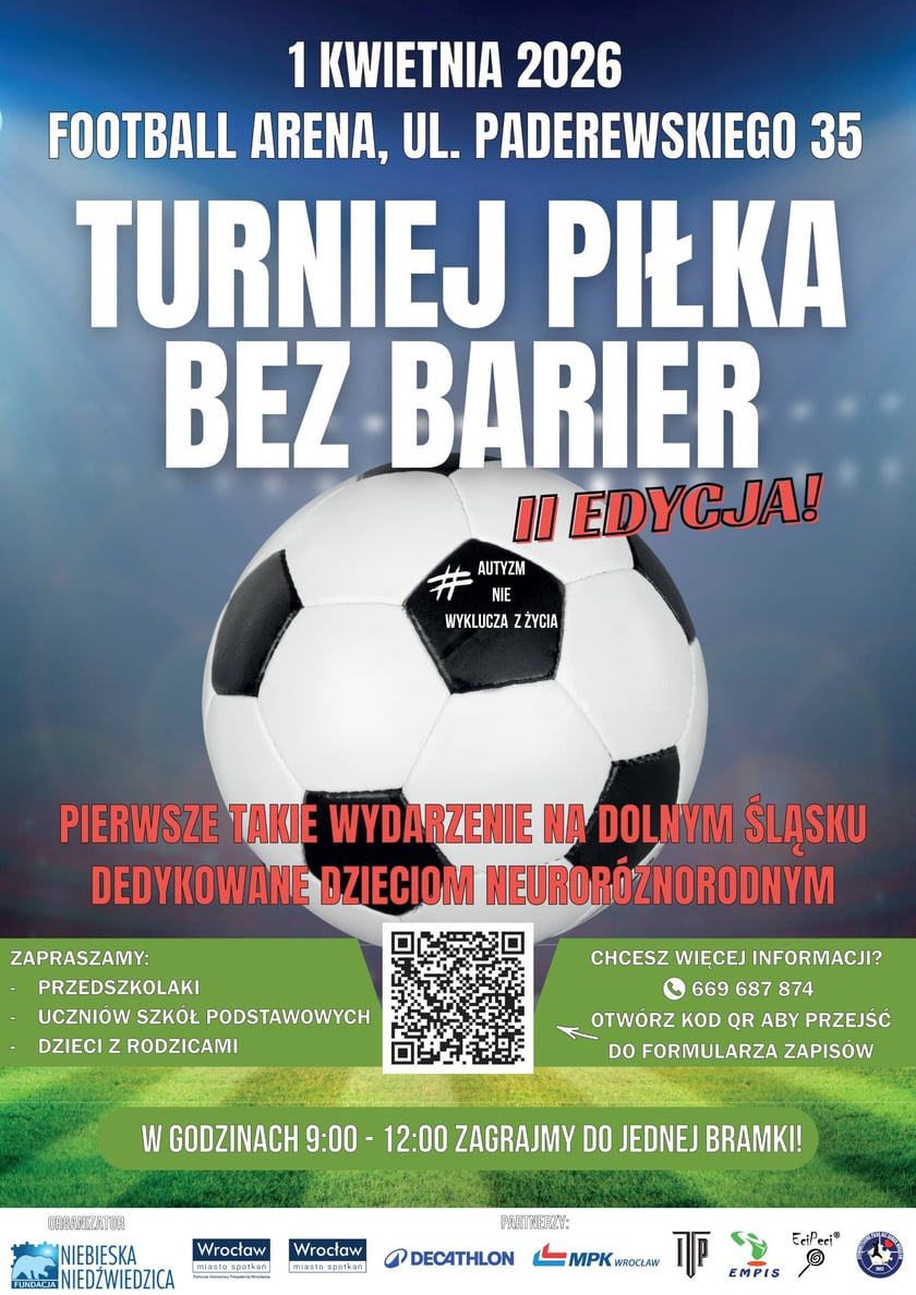 Powiększ obraz: Plakat anonsujący turniej Piłka Bez barier dla dzieci neuroróżnorodnych.