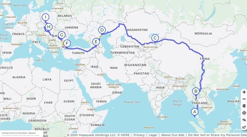 Powiększ obraz: Trasa wyprawy "Z Ziemi Tajskiej do Polski"