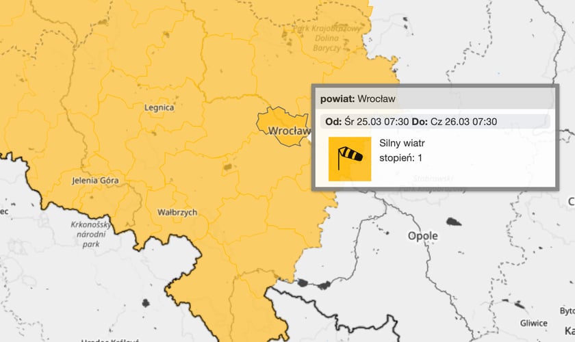 Powiększ obraz: <p>Ostrzeżenia o silnym wietrze we Wrocławiu - ze środy na czwartek</p>