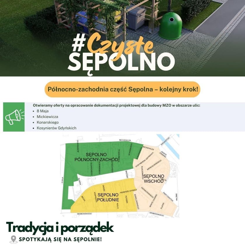 Powiększ obraz: <p>Plakat z mapą, na kt&oacute;rej widać podział na 3 obszary projektu. Czyste Sępolno</p>