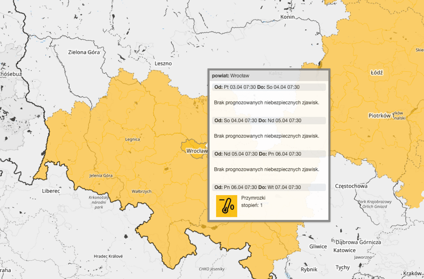 Powiększ obraz: <p>Ostrzeżenie 1. stopnia o przymrozkach (już po świętach)</p>