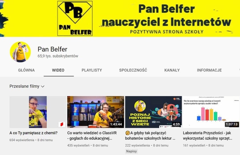 Pan Belfer od wielu lat uczy chemii. Jego lekcje dedykowane są uczniom szkół podstawowych i ponadpodstawowych.  Tłumaczone tematy dotyczą m.in. pierwiastków, związków chemicznych czy pisania wzorów sumarycznych i strukturalnych. Z Panem Belfrem zrozumiesz chemię!