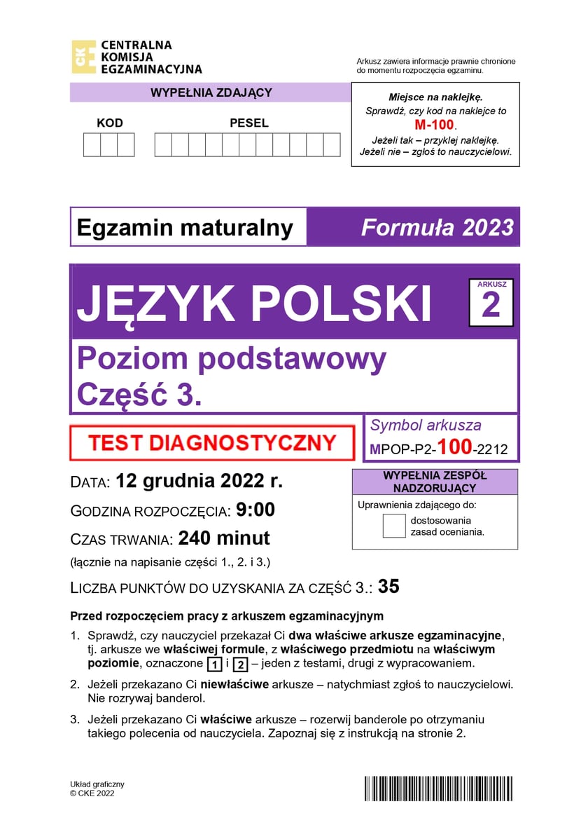 Arkusz egzaminacyjny z języka polskiego - wypracowanie. Matura próbna 2023
