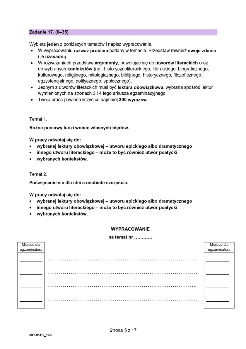 Arkusz egzaminacyjny z języka polskiego - wypracowanie. Matura próbna 2023