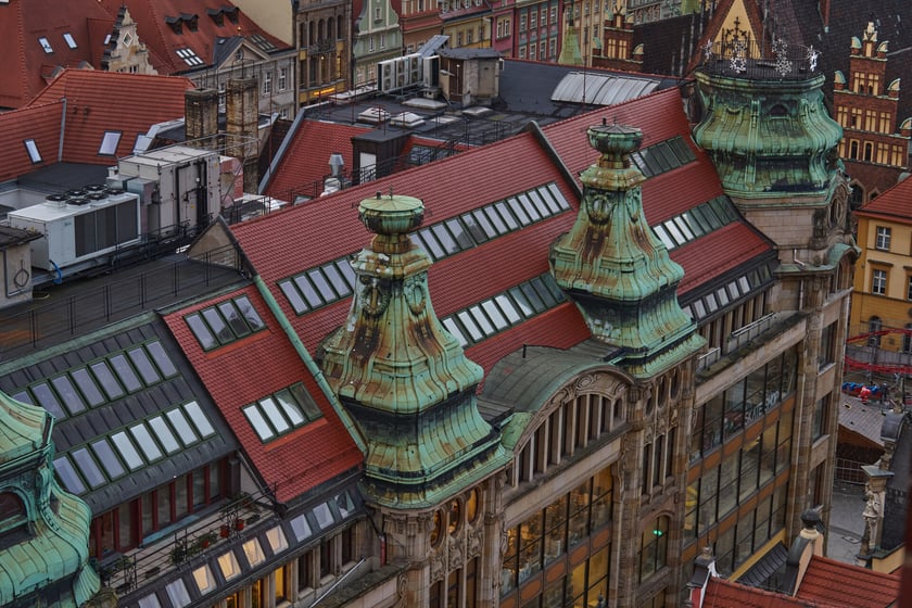 Panorama Wrocławia o zachodzie słońca z mostku Pokutnic