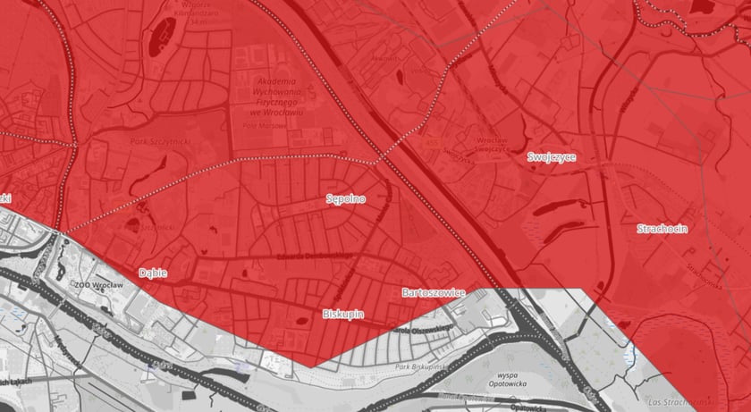 Na zdjeciu mapy wydanych przez IMGW ostrzeżeń hydrologicznych dla wrocławskich osiedli.&nbsp;