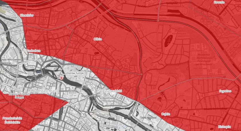 Na zdjeciu mapy wydanych przez IMGW ostrzeżeń hydrologicznych dla wrocławskich osiedli.&nbsp;