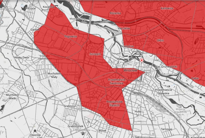 Na zdjeciu mapy wydanych przez IMGW ostrzeżeń hydrologicznych dla wrocławskich osiedli.&nbsp;