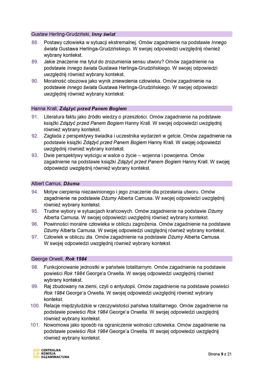 Lista jawnych zadań na maturę ustną z j. polskiego 2023