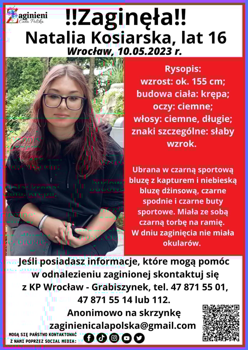 Zaginiona 16-letnia Natalia Kosiarska z Wrocławia
