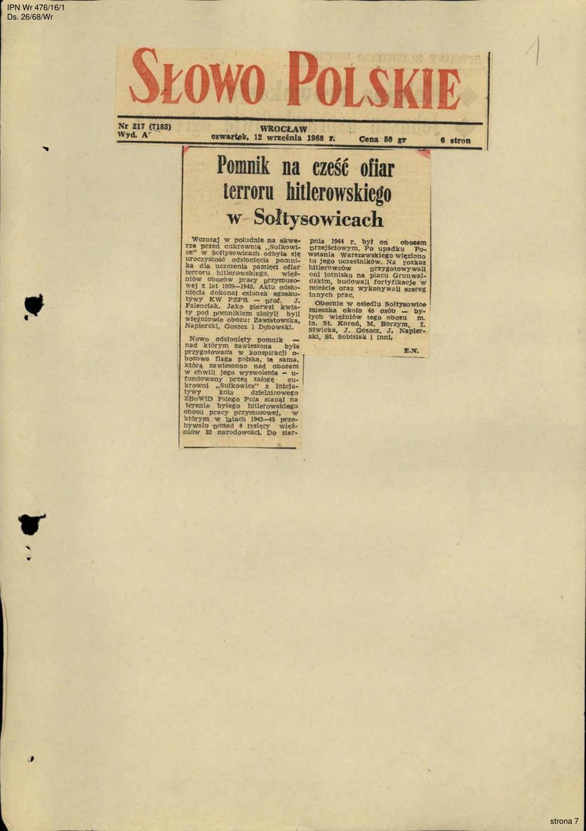 Relacja z odsłonięcia pomnika w pierwotnym miejscu zamieszczona w ?Słowie Polskim? 12 września 1968 roku