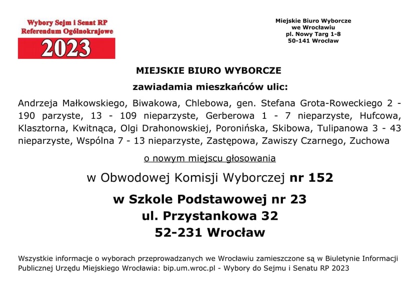 Andrzeja Małkowskiego, Biwakowa, Chlebowa, gen. Stefana Grota-Roweckiego 2 - 190 parzyste, 13 - 109 nieparzyste, Gerberowa 1 - 7 nieparzyste, Hufcowa, Klasztorna, Kwitnąca, Olgi Drahonowskiej, Poronińska, Skibowa, Tulipanowa 3 – 43 nieparzyste, Wspólna 7 - 13 nieparzyste, Zastępowa, Zawiszy Czarnego, Zuchowa o nowym miejscu głosowania w Obwodowej Komisji Wyborczej nr 152 w Szkole Podstawowej nr 23, ul. Przystankowa 32, 52-231 Wrocław
