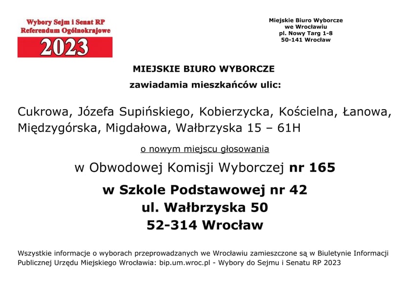 Miejskie Biuro Wyborcze zawiadamia mieszkańców ulic: Cukrowa, Józefa Supińskiego, Kobierzycka, Kościelna, Łanowa, Międzygórska, Migdałowa, Wałbrzyska 15 – 61H o nowym miejscu głosowania w Obwodowej Komisji Wyborczej nr 165 w Szkole Podstawowej nr 42, ul. Wałbrzyska 50, 52-314 Wrocław