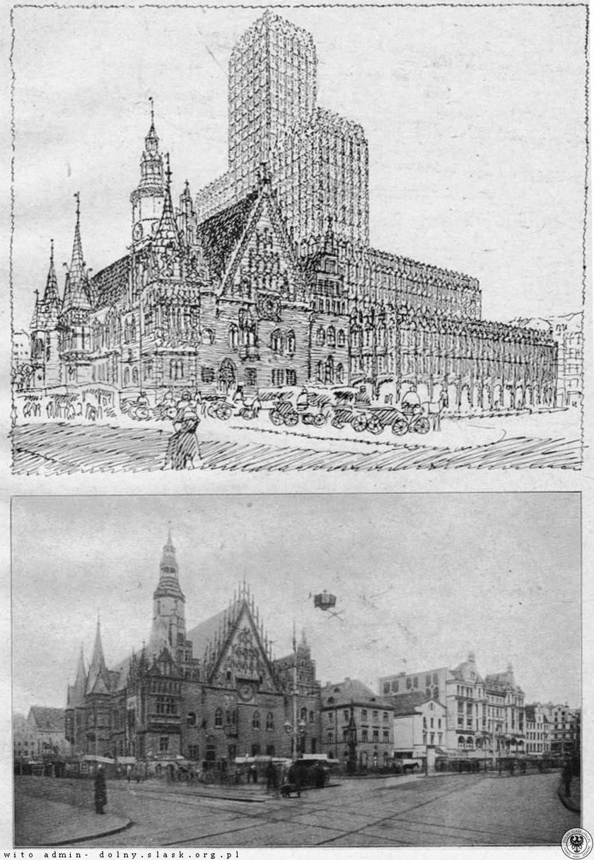 Projekt wieżowca Maxa Berga, który zaplanował go przy ratuszu.Ostdeutsche Bau-Zeitung, 1920 r. nr 63.