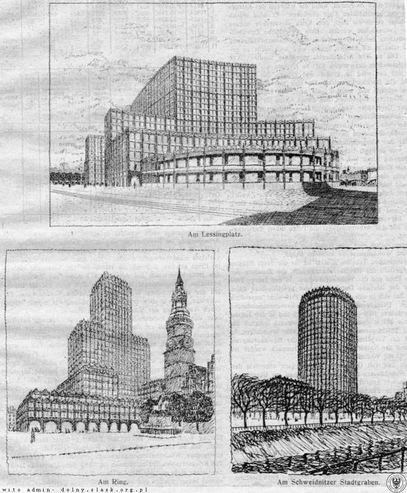 Projekty wieżowców Maxa Berga. Na pl. Powstańców Warszawy, w Rynku i na Podwalu Świdnickim. Ostdeusche Bau-Zeitung 1920, nr 63.
